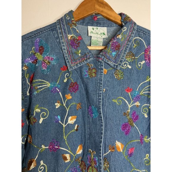 The Quacker Factory Women's Medium Chambray Beaded Embroidered Shirt New - Picture 2 of 16